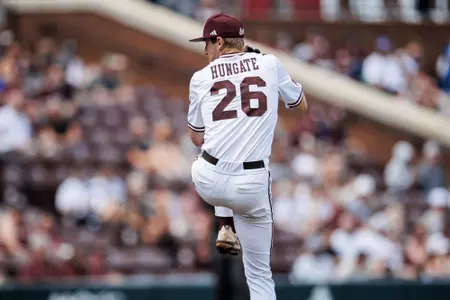 STARKVILLE, MS - April 05, 2025 - Mississippi State Pitcher Chase Hungate (#26) during the game between the South Carolina Gamecocks and the Mississippi State Bulldogs at Dudy Noble Field at Polk-Dement Stadium in Starkville, MS. Photo By Will Porada