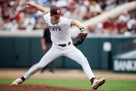 STARKVILLE, MS - April 05, 2025 - Mississippi State Pitcher Chase Hungate (#26) during the game between the South Carolina Gamecocks and the Mississippi State Bulldogs at Dudy Noble Field at Polk-Dement Stadium in Starkville, MS. Photo By Will Porada