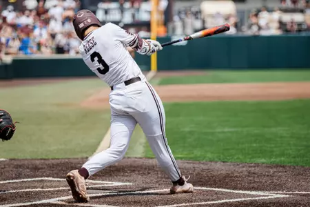 STARKVILLE, MS - April 05, 2025 - Mississippi State Infielder Ace Reese (#3) during the game between the South Carolina Gamecocks and the Mississippi State Bulldogs at Dudy Noble Field at Polk-Dement Stadium in Starkville, MS. Photo By Will Porada