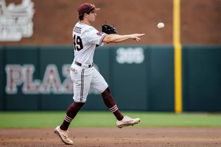 STARKVILLE, MS - April 05, 2025 - Mississippi State Infielder/Outfielder Gatlin Sanders (#49) during the game between the South Carolina Gamecocks and the Mississippi State Bulldogs at Dudy Noble Field at Polk-Dement Stadium in Starkville, MS. Photo By Will Porada