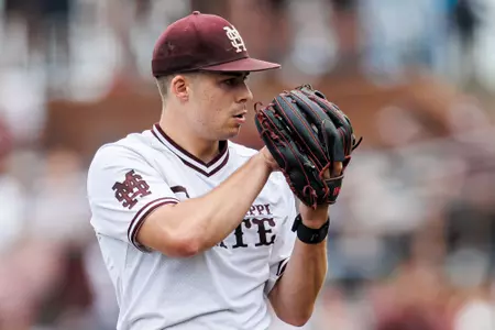 STARKVILLE, MS - April 05, 2025 - Mississippi State Pitcher Evan Siary (#12) during the game between the South Carolina Gamecocks and the Mississippi State Bulldogs at Dudy Noble Field at Polk-Dement Stadium in Starkville, MS. Photo By Will Porada