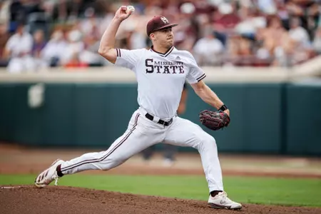 STARKVILLE, MS - April 05, 2025 - Mississippi State Pitcher Evan Siary (#12) during the game between the South Carolina Gamecocks and the Mississippi State Bulldogs at Dudy Noble Field at Polk-Dement Stadium in Starkville, MS. Photo By Will Porada