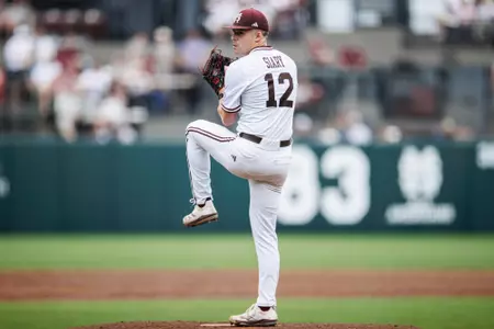 STARKVILLE, MS - April 05, 2025 - Mississippi State Pitcher Evan Siary (#12) during the game between the South Carolina Gamecocks and the Mississippi State Bulldogs at Dudy Noble Field at Polk-Dement Stadium in Starkville, MS. Photo By Will Porada
