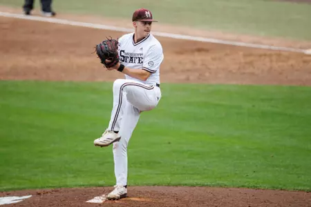 STARKVILLE, MS - April 05, 2025 - Mississippi State Pitcher Evan Siary (#12) during the game between the South Carolina Gamecocks and the Mississippi State Bulldogs at Dudy Noble Field at Polk-Dement Stadium in Starkville, MS. Photo By Will Porada