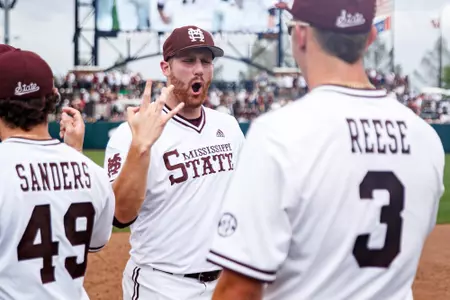 STARKVILLE, MS - April 05, 2025 - Mississippi State Pitcher Stone Simmons (#17) during the game between the South Carolina Gamecocks and the Mississippi State Bulldogs at Dudy Noble Field at Polk-Dement Stadium in Starkville, MS. Photo By Will Porada