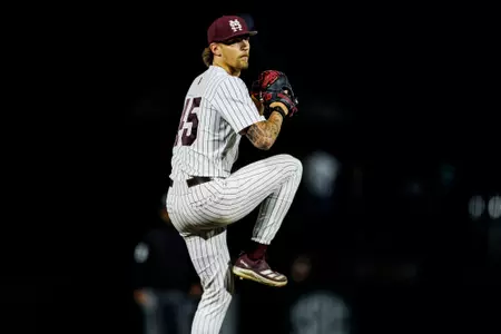 STARKVILLE, MS - April 15, 2025 - Mississippi State Pitcher Dane Burns (#45) during the game between the Southern Jaguars and the Mississippi State Bulldogs at Dudy Noble Field at Polk-Dement Stadium in Starkville, MS. Photo By Mike Mattina