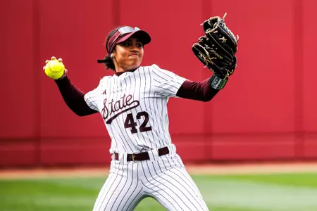 NORMAN, OK - April 20, 2025 - Mississippi State Outfielder Kalani Sells (#42) during Game 2 between the Oklahoma Sooners and the Mississippi State Bulldogs at Love’s Field in Norman, OK. Photo By Ivy Rose Ball