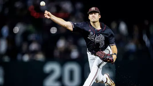 STARKVILLE, MS - May 09, 2025 - Mississippi State Pitcher Evan Siary (#12) during Game 2 between the Ole Miss Rebels and the Mississippi State Bulldogs at Dudy Noble Field at Polk-Dement Stadium in Starkville, MS. Photo By Ivy Rose Ball