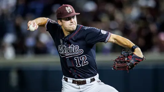 STARKVILLE, MS - May 09, 2025 - Mississippi State Pitcher Evan Siary (#12) during Game 2 between the Ole Miss Rebels and the Mississippi State Bulldogs at Dudy Noble Field at Polk-Dement Stadium in Starkville, MS. Photo By Ivy Rose Ball