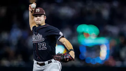 STARKVILLE, MS - May 09, 2025 - Mississippi State Pitcher Evan Siary (#12) during Game 2 between the Ole Miss Rebels and the Mississippi State Bulldogs at Dudy Noble Field at Polk-Dement Stadium in Starkville, MS. Photo By Ivy Rose Ball