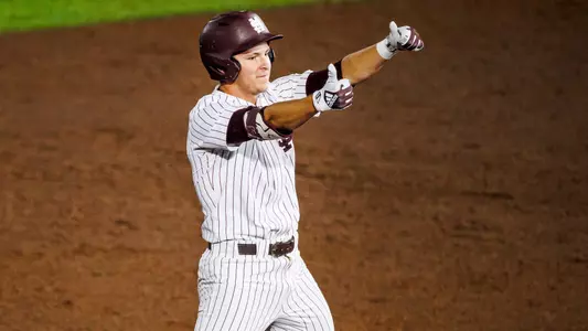 STARKVILLE, MS - May 10, 2025 - Mississippi State Infielder Ace Reese (#3) during the game between the Ole Miss Rebels and the Mississippi State Bulldogs at Dudy Noble Field at Polk-Dement Stadium in Starkville, MS. Photo By Mike Mattina