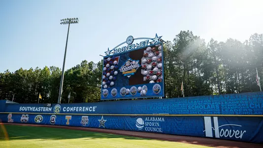 HOOVER, AL - May 26, 2021 - “Hoover Met” scoreboard before the second round SEC Tournament game between the Florida Gators and the Mississippi State Bulldogs at the Hoover Metropolitan Complex in Hoover, AL. Photo By Austin Perryman