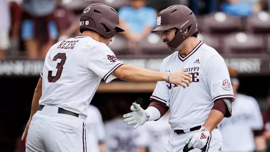 STARKVILLE, MS - April 05, 2025 - Mississippi State Designated Hitter/Pitcher Noah Sullivan (#18) and Mississippi State Infielder Ace Reese (#3) during the game between the South Carolina Gamecocks and the Mississippi State Bulldogs at Dudy Noble Field at Polk-Dement Stadium in Starkville, MS. Photo By Will Porada