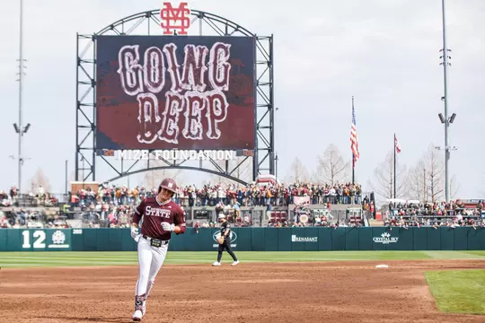 STARKVILLE, MS - February 14, 2025 - Mississippi State Infielder/Outfielder Hunter Hines (#44) during the game between the Manhattan Jaspers and the Mississippi State Bulldogs at Dudy Noble Field at Polk-Dement Stadium in Starkville, MS. Photo By Mike Mattina