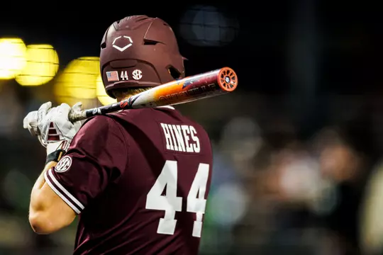 STARKVILLE, MS - March 07, 2025 - Mississippi State Infielder/Outfielder Hunter Hines (#44) during the game between the Queens Royals and the Mississippi State Bulldogs at Dudy Noble Field at Polk-Dement Stadium in Starkville, MS. Photo By Ivy Rose Ball