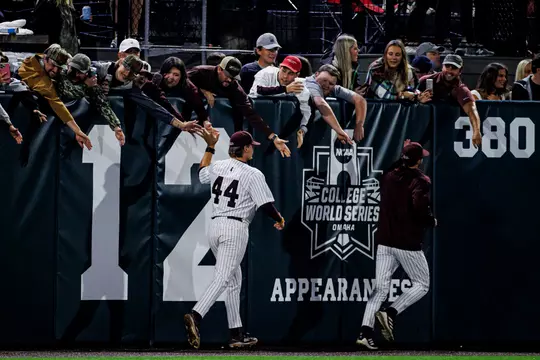 STARKVILLE, MS - May 10, 2025 - Mississippi State Infielder/Outfielder Hunter Hines (#44) during the game between the Ole Miss Rebels and the Mississippi State Bulldogs at Dudy Noble Field at Polk-Dement Stadium in Starkville, MS. Photo By Mike Mattina