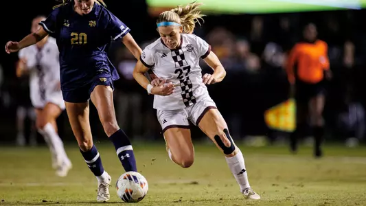 STARKVILLE, MS - November 24, 2024 - Mississippi State Centerfielder Zoe Main (#27) during the match between the Notre Dame Fighting Irish and the Mississippi State Bulldogs at the MSU Soccer Field in Starkville, MS. Photo By Will Porada