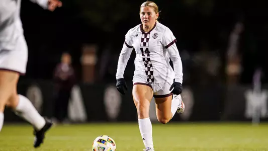 STARKVILLE, MS - March 06, 2025 - Mississippi State Midfielder/Forward Tatum Borman (#14) during the match between the Mississippi College Choctaw and the Mississippi State Bulldogs at the MSU Soccer Field in Starkville, MS. Photo By Mike Mattina