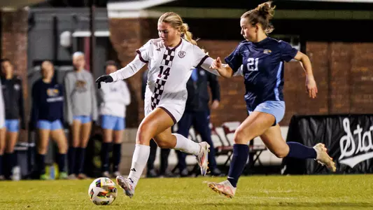 STARKVILLE, MS - March 06, 2025 - Mississippi State Midfielder/Forward Tatum Borman (#14) during the match between the Mississippi College Choctaw and the Mississippi State Bulldogs at the MSU Soccer Field in Starkville, MS. Photo By Mike Mattina