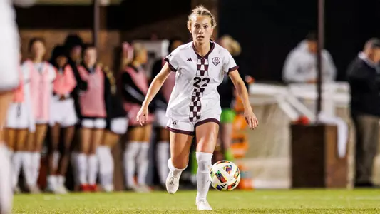 STARKVILLE, MS - March 06, 2025 - Mississippi State Defender Ella Petersen (#22) during the match between the Mississippi College Choctaw and the Mississippi State Bulldogs at the MSU Soccer Field in Starkville, MS. Photo By Mike Mattina