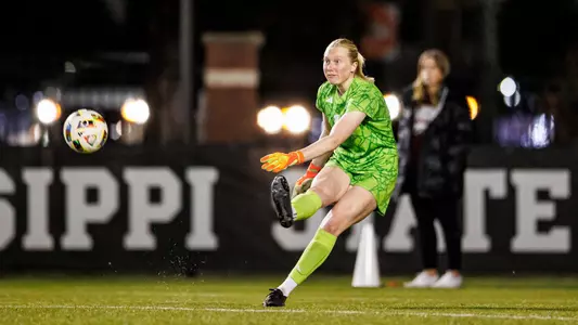STARKVILLE, MS - March 06, 2025 - Mississippi State Goal Keeper Sarah Wommack (#1) during the match between the Mississippi College Choctaw and the Mississippi State Bulldogs at the MSU Soccer Field in Starkville, MS. Photo By Mike Mattina