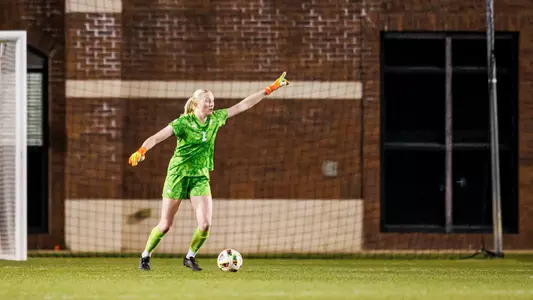 STARKVILLE, MS - March 06, 2025 - Mississippi State Goal Keeper Sarah Wommack (#1) during the match between the Mississippi College Choctaw and the Mississippi State Bulldogs at the MSU Soccer Field in Starkville, MS. Photo By Mike Mattina