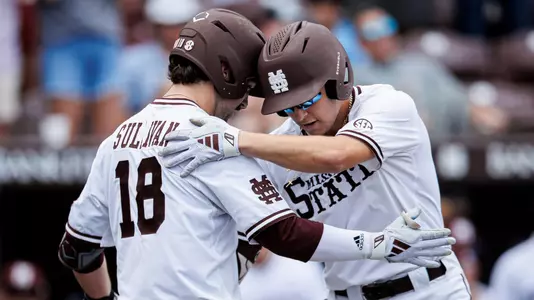 STARKVILLE, MS - April 05, 2025 - Mississippi State Infielder Ace Reese (#3) and Mississippi State Designated Hitter/Pitcher Noah Sullivan (#18) during the game between the South Carolina Gamecocks and the Mississippi State Bulldogs at Dudy Noble Field at Polk-Dement Stadium in Starkville, MS. Photo By Will Porada