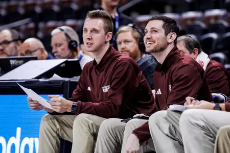 TEMPE, AZ - November 28, 2024 - Mississippi State Director of Scouting & Analytics Dillon Elder and Mississippi State Senior Director of Basketball Strategy Jordan Sperber during the Arizona Tip-Off game between the UNLV Rebels and the Mississippi State Bulldogs at Mullett Arena in Tempe, AZ. Photo By Mike Mattina