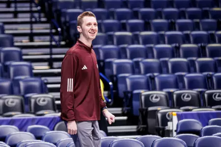NASHVILLE, TN - March 13, 2025 - Mississippi State Director of Scouting & Analytics Dillon Elder during the game between the Missouri Tigers and the Mississippi State Bulldogs during the SEC Tournament at Bridgestone Arena in Nashville, TN. Photo By Mike Mattina