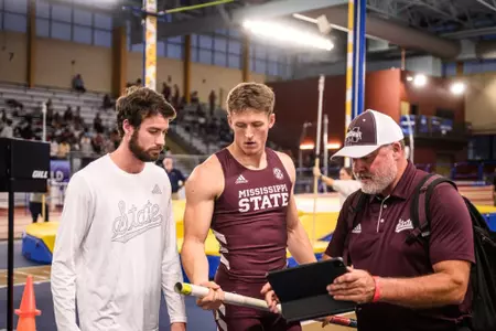 BIRMINGHAM, AL - January 17, 2025 - Mississippi State Pole Vaulter Aaron Fortenberry and Mississippi State's Peyton Bair during the Samford Invite at the Birmingham Crossplex in Birmingham, AL. Photo by Jared Thomas