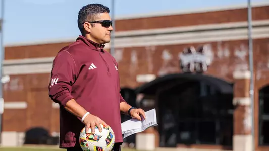 STARKVILLE, MS - February 24, 2025 - Mississippi State Assistant Coach Henry Zapata during practice at the MSU Soccer Field in Starkville, MS. Photo By Mike Mattina
