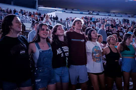 STARKVILLE, MS - August 31, 2023 - Mississippi State Fans during Cowbell Yell at Davis Wade Stadium at Scott Field in Starkville, MS. Photo By Will Porada