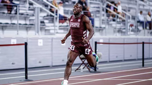 COLLEGE STATION, TX - February 07, 2025 - Mississippi State Sprinter Nicholas Fakorede during the Charlie Thomas Invitational at theFasken Indoor Track & Field in College Station, TX. Photo By Jhordyn Stallworth