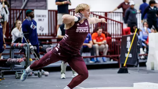 COLLEGE STATION, TX - February 07, 2025 - Mississippi State Thrower Tyler Mason during the Charlie Thomas Invitational at theFasken Indoor Track & Field in College Station, TX. Photo By Jhordyn Stallworth