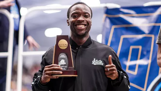 VIRGINIA BEACH, VA - March 15, 2025 - Mississippi State Sprinter Nicholas Fakorede during the NCAA Indoor Championships at the Virginia Beach Sports Complex in Virginia Beach, VA. Photo by Jhordyn Stallworth