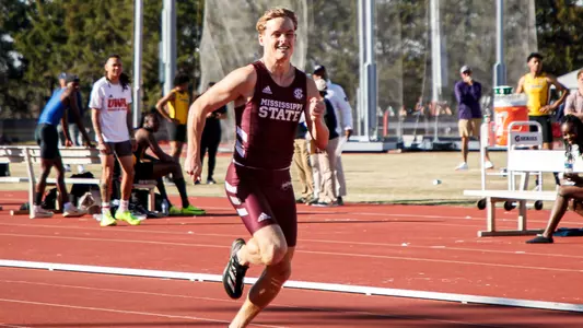 STARKVILLE, MS - March 21, 2025 - Mississippi State Middle Distance Runner Ben Murray during the Alumni Bulldog Relays at the Mike Sanders Track Complex in Starkville, MS. Photo By Will Porada