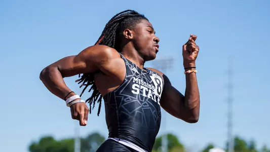 STARKVILLE, MS - April 12, 2025 -  Mississippi State Sprinter Cooper Rodgers during the Crimson Tide Invitational at the Sam Bailey Track & Field Stadium in Tuscaloosa, AL. Photo By Will Porada