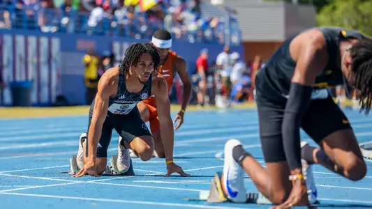 GAINESVILLE, FL - April 19, 2025 - Mississippi State Sprinter Cyrus Jacobs Jr. during the Tom Jones Memorial at the Percy Beard Track in Gainesville, FL. Photo By Chloe Hyde