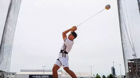 STARKVILLE, MS - May 01, 2025 - Mississippi State Thrower Caleb Kaplan during the Maroon & White Tune Up at the Mike Sanders Track Complex in Starkville, MS. Photo By Mike Mattina