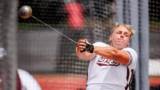 STARKVILLE, MS - May 01, 2025 - Mississippi State Thrower Tyler Mason during the Maroon & White Tune Up at the Mike Sanders Track Complex in Starkville, MS. Photo By Mike Mattina