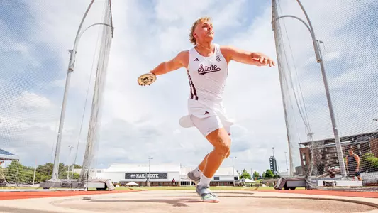 STARKVILLE, MS - May 01, 2025 - Mississippi State Thrower Tyler Mason during the Maroon & White Tune Up at the Mike Sanders Track Complex in Starkville, MS. Photo By Mike Mattina