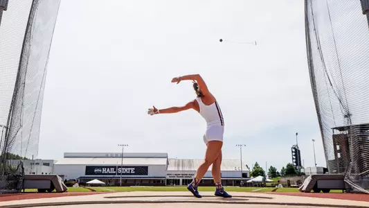 STARKVILLE, MS - May 01, 2025 - Mississippi State Thrower Marie Rougetet during the Maroon & White Tune Up at the Mike Sanders Track Complex in Starkville, MS. Photo By Mike Mattina