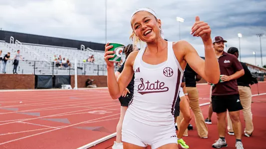 STARKVILLE, MS - May 01, 2025 - Mississippi State Distance Runner Louise Stonham during the Maroon & White Tune Up at the Mike Sanders Track Complex in Starkville, MS. Photo By Mike Mattina