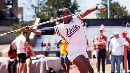 STARKVILLE, MS - March 22, 2025 - Mississippi State Thrower G'Shan Brown during the Alumni Bulldog Relays at the Mike Sanders Track Complex in Starkville, MS. Photo By Taylor Sullivan