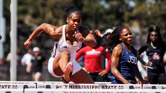 STARKVILLE, MS - March 22, 2025 - Mississippi State Sprinter/Hurdler Jaden Billings during the Alumni Bulldog Relays at the Mike Sanders Track Complex in Starkville, MS. Photo By Mike Mattina