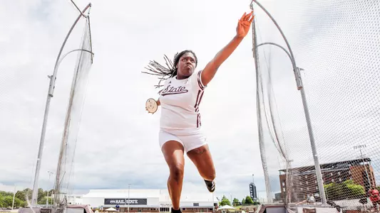 STARKVILLE, MS - May 01, 2025 - Mississippi State Thrower Jewel Giles during the Maroon & White Tune Up at the Mike Sanders Track Complex in Starkville, MS. Photo By Mike Mattina