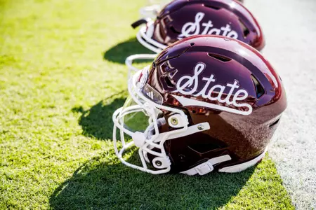 STARKVILLE, MS - October 26, 2024 - State Script Helmets during the game between the Arkansas Razorbacks and the Mississippi State Bulldogs at Davis Wade Stadium at Scott Field in Starkville, MS. Photo By Ivy Rose Ball