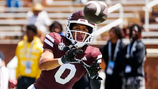 STARKVILLE, MS - April 19, 2025 - Mississippi State Wide Receiver Brenen Thompson (#0) during the 2025 Spring Game at Davis Wade Stadium at Scott Field in Starkville, MS. Photo By Mike Mattina