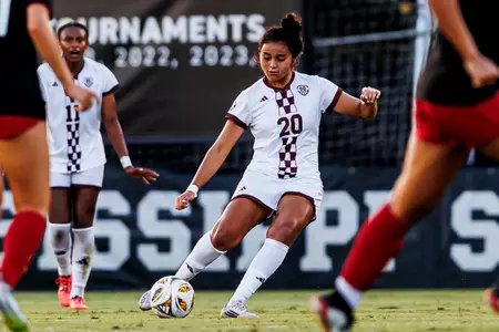 STARKVILLE, MS - August 21, 2025 - Mississippi State Midfielder Sofia Aguayo (#20) during the match between the Jaxonville State Gamecocks and the Mississippi State Bulldogs at the MSU Soccer Field in Starkville, MS. Photo By Jordan Madrid