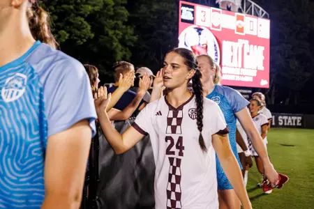 STARKVILLE, MS - August 21, 2025 - Mississippi State Defender Chiara Tappe (#24) during the match between the Jacksonville State Gamecocks and the Mississippi State Bulldogs at the MSU Soccer Field in Starkville, MS. Photo By Mike Mattina